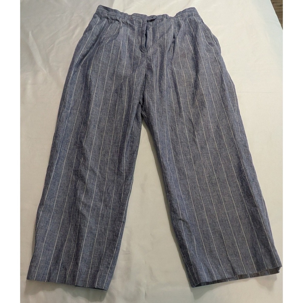 Hathaway Pinstripe Trousers Women 16 Blue Excellent Cotton Linen Ramie Pleated